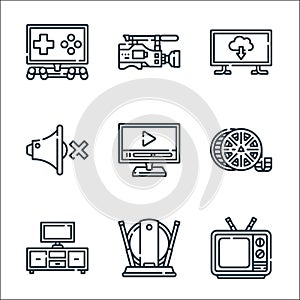 Television line icons. linear set. quality vector line set such as old, indoor antenna, tv set, film reel, video player, silent,