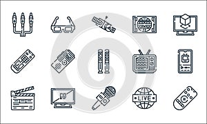 Television line icons. linear set. quality vector line set such as smart tv, microphone, clapperboard, programme, tv screen, photo
