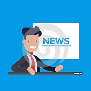 Television news announcer on background TV breaking news. Flat vector illustration in cartoon style.