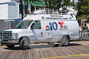 Television news van for NBC and Telemundo stations on the Atlantic City boardwalk covering the start of the summer season