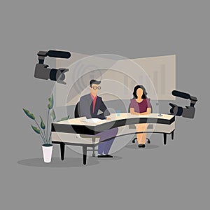Television presenter, journalists at news studio flat illustration. Newscasters broadcasting, recording news release. Mass media,