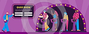 A television quiz show with presenter and players a vector cartoon illustration.