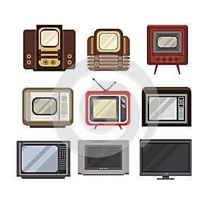 Television receivers set, TV evolution from obsolete to modern vector Illustrations on a white background