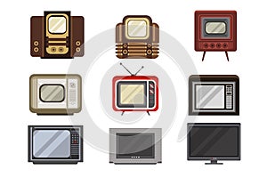 Television receivers set, TV evolution from obsolete to modern vector Illustrations on a white background