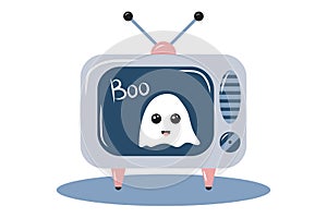Television set in a room at night, showing static noise and a Cute ghost. Horror themed