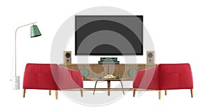 Television set with sideboard and two red armchair on white