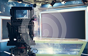 Television studio with camera and lights - recording TV NEWS