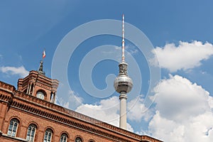 Television tower Berlin behind the facade of the Rotes Rathaus