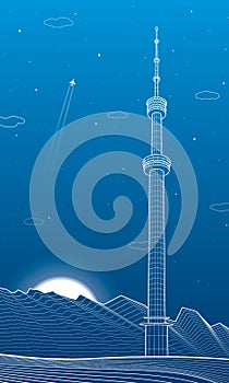 Television tower in mountains of Almaty city. Kok Tobe, Kazakhstan. White outline illustration. Night ladscape. Vector design art