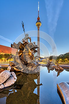 The Television Tower and the Neptune fountain at Alexanderplatz