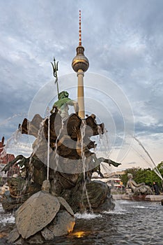 Television tower and Poseidon fountaine in Alexanderplatz Berlin