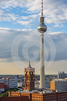 Television tower and Red Town Hall Rotes Rathaus on Alexanderplatz square, Berlin, Germany