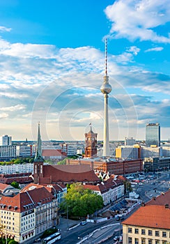 Television tower and Red Town Hall Rotes Rathaus on Alexanderplatz square at sunset, Berlin, Germany