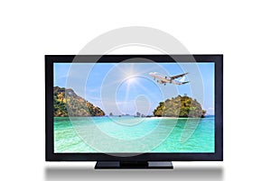 Television TV screen with airplane landing above small island in blue sea landscape picture