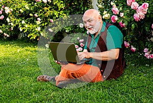 Telework concept. Senior man in garden with laptop. Old gardener online social network games.