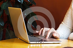 Telework. male hand on the keyboard and touchpad on the laptop. Business man working on computer