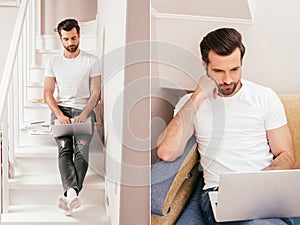 Collage of teleworker using laptop and photo