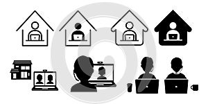 Teleworking from home work remote vector icon set illustration black and white