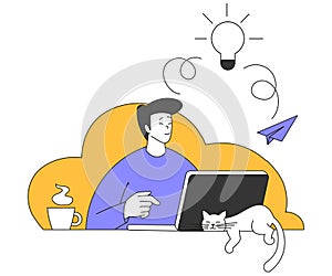 Teleworking with Young Man at Desk with Laptop Working from Home Vector Illustration