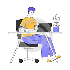 Teleworking with Young Man at Desk with Laptop Working from Home Vector Illustration