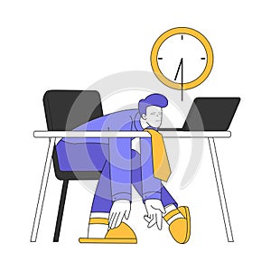 Teleworking with Young Man at Desk Tired and Exhausted Working from Home Vector Illustration