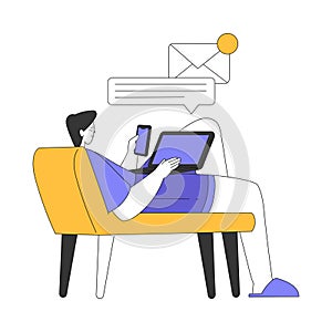 Teleworking with Young Man Lying on Couch with Laptop Working from Home Vector Illustration