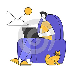 Teleworking with Young Man Sitting in Armchair with Laptop Working from Home Vector Illustration