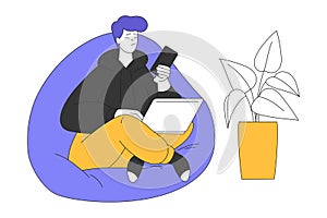 Teleworking with Young Man Sitting in Bean Bag with Laptop Working from Home Vector Illustration