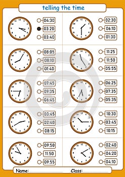 telling the time, choose the correct time, worksheet for children, what is the time photo