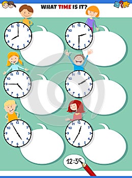 Telling time educational task with cartoon children