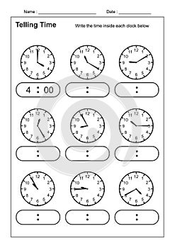 Telling Time Telling the Time Practice for Children  Time Worksheets for Learning to Tell Time game Time Worksheets