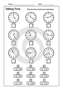 Telling Time Telling the Time Practice for Children  Time Worksheets for Learning to Tell Time game Time Worksheets