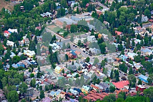 Telluride Colorado aerial photo showing the colorful houses in neighborhoods of this box canyon town in the Rocky Mountains