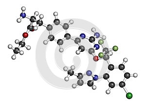 Telotristat ethyl drug molecule tryptophan hydroxylase inhibitor. 3D rendering. Atoms are represented as spheres with.