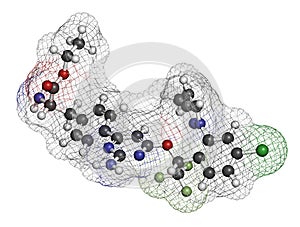 Telotristat ethyl drug molecule tryptophan hydroxylase inhibitor. 3D rendering. Atoms are represented as spheres with.