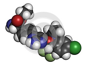 Telotristat ethyl drug molecule tryptophan hydroxylase inhibitor. 3D rendering. Atoms are represented as spheres with.