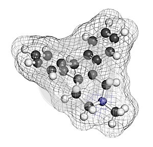 Telotristat ethyl drug molecule tryptophan hydroxylase inhibitor. 3D rendering. Atoms are represented as spheres with...