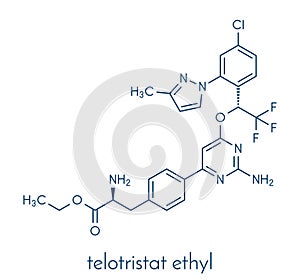 Telotristat ethyl drug molecule tryptophan hydroxylase inhibitor. Skeletal formula.