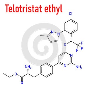 Telotristat ethyl drug molecule tryptophan hydroxylase inhibitor skeletal formula.