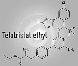 Telotristat ethyl drug molecule tryptophan hydroxylase inhibitor skeletal formula.