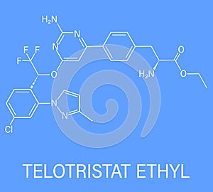 Telotristat ethyl drug molecule, tryptophan hydroxylase inhibitor. Skeletal formula.