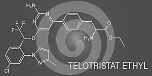 Telotristat ethyl drug molecule, tryptophan hydroxylase inhibitor. Skeletal formula.