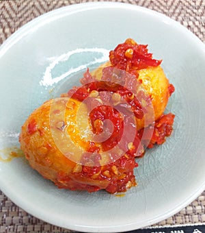 Telur Balado or Boiled Eggs with Spicy Chili Sauce.