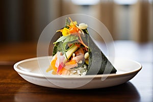 temaki handroll with spillingout seafood and veggies