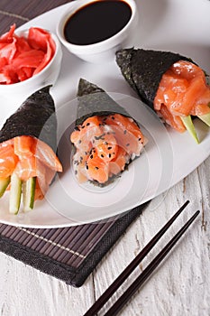 Temaki salmon on a plate close-up. Vertical