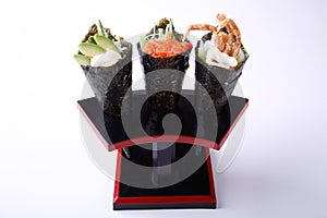 Temaki Sushi, Avocado Spicy Salmon and Soft Shell Crab isolated