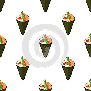 Temaki tasty food seamless pattern. Raw fish, caviar, rice, nori