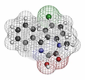 Temazepam benzodiazepine drug molecule. Used as hypnotic, anxiolytic and anticonvulsant drug. Atoms are represented as spheres