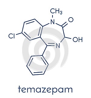 Temazepam benzodiazepine drug molecule. Used as hypnotic, anxiolytic and anticonvulsant drug. Skeletal formula.