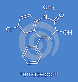 Temazepam benzodiazepine drug molecule. Used as hypnotic, anxiolytic and anticonvulsant drug. Skeletal formula.